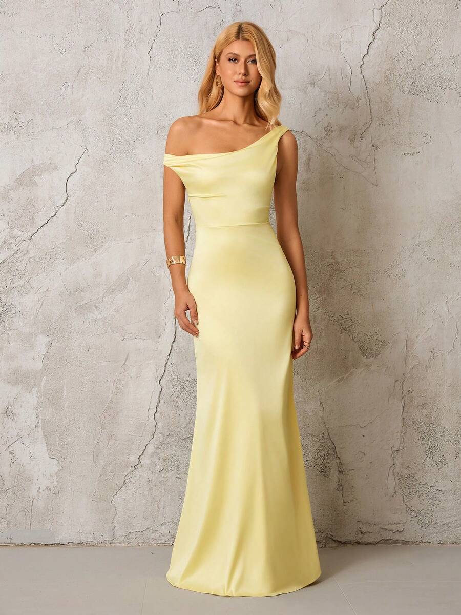Cold Shoulder Ruched Trim Mermaid Hem Bodycon Elegant Formal Evening Gowns(Zipper,Sexy,Elastic Force) - Yellow - View 1