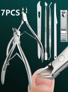 7 件套不锈钢嵌甲和老茧去除套装 - 无味美甲和修脚套装，无需电源，便携式收纳盒 - 銀色 - 查看 2