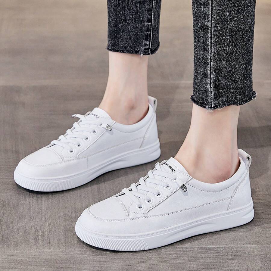 Breathable Genuine Leather Shoes Women, Versatile Sneakers, Flat Sole, Sports Casual Soft Sole, Thick Sole Women - 白色 - 查看 1