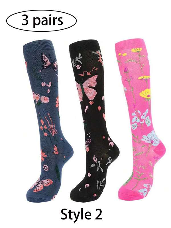 3 Pairs Unisex Pressure Stockings With Flower & Butterfly Patterns, Elastic Compression Socks, Suitable For Outdoor Cycling And Sports