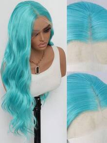 Peluca azul claro de 24 pulgadas con encaje frontal de 13x4, peluca de cabello largo, rizado y ondulado, hecha de fibras sintéticas de alta calidad resistentes al calor. Hermosa, de moda y sexy peluca de uso diario para mujer, ideal para fiestas, cosplay y uso diario. - Celeste - Ver 5