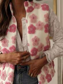 女士休闲保暖外套，花卉图案羊羔绒拉链高领背心，冬季 - 白色 - 查看 2