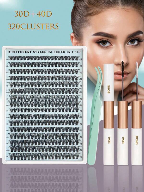 320PCS Individual Lash Clusters Natural Look&Wispy Lash Clusters 30D+40D 2 Styles Mixed D Curl 10-16mm DIY Ultra Light&Super Soft Lashes Reusable Individual Eyelash Extension Kit With Makeup Tool Eyelash Glue Bond And Seal&Tweezers&2 Brushes For Beginner Use At Home Or On-The-Go For Daily Life&Party&Music Festival&Halloween