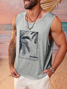Men's Hawaiian Vacation Style Coconut Tree Print Tank Top - Light Grey - View 1