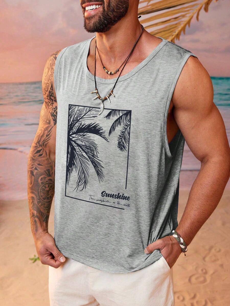 Men's Hawaiian Vacation Style Coconut Tree Print Tank Top - Light Grey - View 1