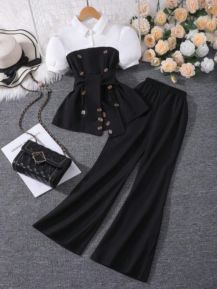 2 件套女童灯笼袖 Polo 领上衣和阔腿裤套装，休闲/派对/表演装，春夏 - 黑色 - 查看 1