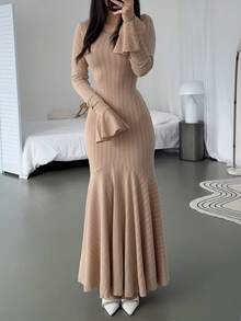 女士优雅性感鱼尾长裙，秋冬款 - 卡其色 - 查看 1