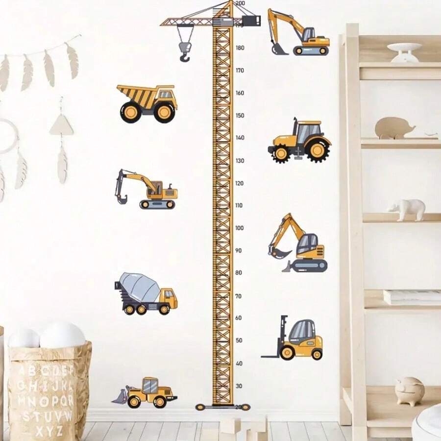 1pc Cartoon Excavator Construction Site Crane Height Ruler Wall Sticker, Bedroom/Living Room Measurement Decal, Christmas Gift - Multicolor - View 1