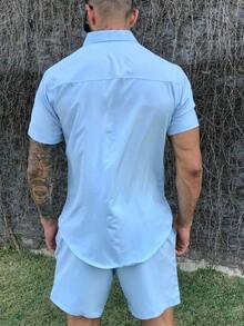 Plain Hawaiian Floral Shirt And Short Set For Men Adults Made Of Viscose Fabric With Elastane - Celeste - Ver 2