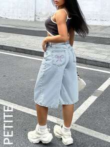 PETITE Women's Y2K Loose Fit Wide Leg Seven-Point Denim Jeans Pants With Butterfly Embroidery Pockets - Light Wash - View 6