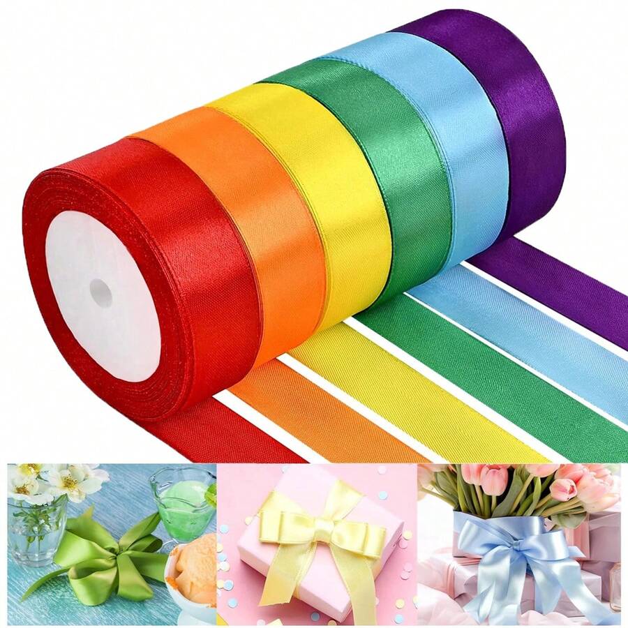 25 yardas de cinta decorativa para ramos de flores, cinta de satén de 4 cm para envolver regalos, lazos para empaquetar regalos de Navidad y San Valentín - Rojo, naranja, amarillo, verde, azul y morado - Ver 1