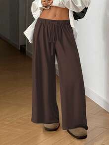 女士休闲宽松直筒裤，松紧腰身，纹理面料，适合秋季穿着。 - 咖啡棕 - 查看 1
