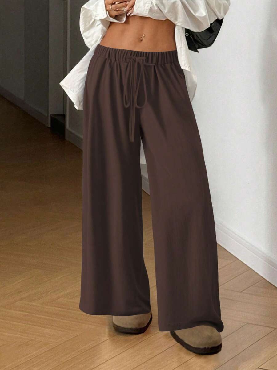 女士休闲宽松直筒裤，松紧腰身，纹理面料，适合秋季穿着。 - 咖啡棕 - 查看 1