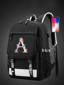 1 件带充电端口的字母图案印花功能性尼龙背包，男女皆宜，适合高中生和大学生、旅行和度假使用（字母从 A 到 Z）