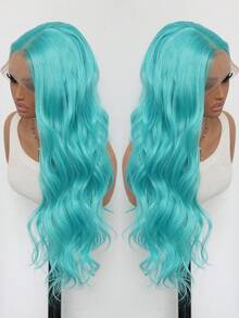 Peluca azul claro de 24 pulgadas con encaje frontal de 13x4, peluca de cabello largo, rizado y ondulado, hecha de fibras sintéticas de alta calidad resistentes al calor. Hermosa, de moda y sexy peluca de uso diario para mujer, ideal para fiestas, cosplay y uso diario. - Celeste - Ver 6