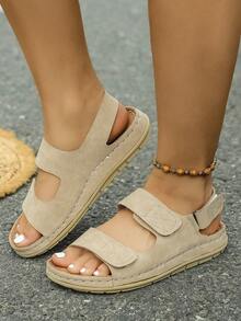 IH2 女士夏季新款纯色边缘钩环手工编织平底凉鞋，百搭休闲度假舒适运动凉鞋 - 杏色 - 查看 4