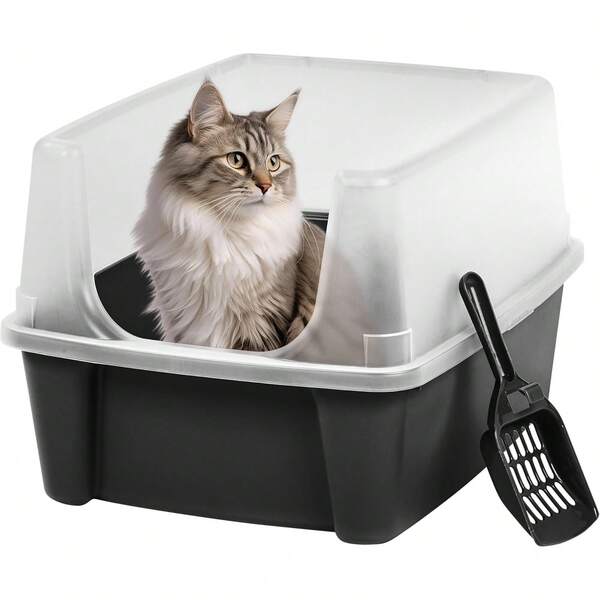 Large Litter Box With Scatter Shield And Scoop, Open Top High Sided Litter Pan, Black