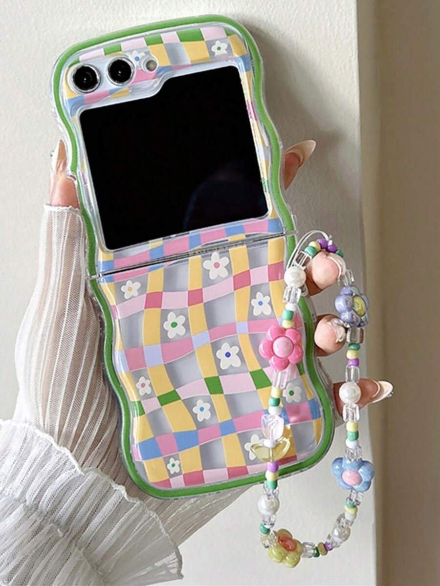 时尚可爱网格图案雏菊花花卉手链保护壳适用于三星 Galaxy Z Flip 5 Z Flip6 Z Flip 3 Z Flip4 奢华波浪透明保护套