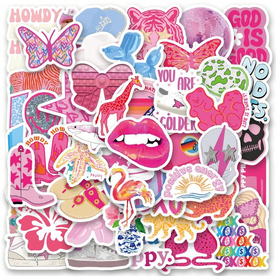50pcs Pink Preppy Stickers Vinyl Aesthetics Stickers Decals For Scrapbook, Journaling, Laptop, Bumper, Skateboard, Water Bottles, Computer, Phone, Cartoon, Helmets, Cars - Multicolor - View 1