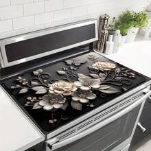 1PC Durable Polyester Gas Cooktop Protector With Black Flower And Butterfly Design - Heat-Resistant And Scratch-Resistant, Easy To Clean - Perfect For Any Stove Top Protector, Drain Pad, Coffee Machine Pad