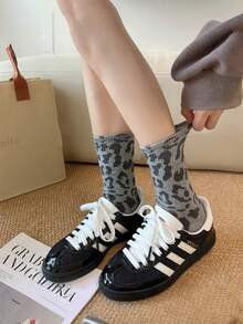 1 Pair Leopard Print Socks, Women's Mid-Calf Socks, Brown Leopard Print Pile Socks, Grey Long Socks, Sporty Socks, Women's Matching German Training Shoes - Multicolor - View 6