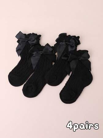 4 双女婴蝴蝶结装饰扭纹图案简约袜子，适合女童返校装