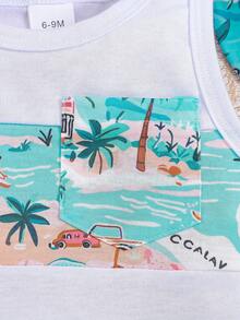 3 件套时尚男婴树叶和汽车印花衬衫、印花短裤和帽子套装，夏季 - 淺藍色 - 查看 5