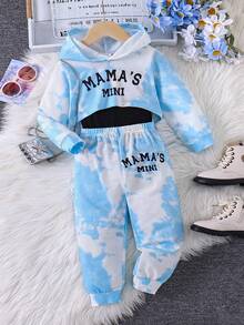 3-Piece Girls' Street Style Tie-Dye Print Long Sleeve Hoodie, Camisole And Pants Set, Autumn/Winter - Blue - View 2