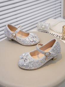 1 paire de chaussures à talons hauts avec nœud paillettes pour filles, nouvelles chaussures de princesse élégantes pour le printemps/été, polyvalentes et confortables, convenant aux représentations, défilés et occasions formelles, avec fermeture à boucle et à crochet réglable