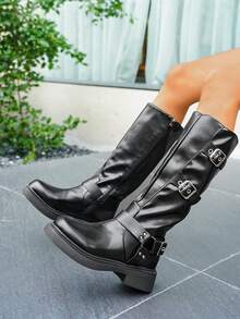 FVPFVP 2024 Botas altas de invierno con hebilla, botas altas de tubo recto ajustadas hasta la rodilla, color marrón para mujer, botas negras - Negro - Ver 6
