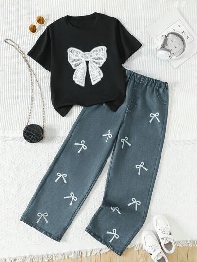 2件套青少年女孩休闲时尚蝴蝶贴片短袖印花直筒裤