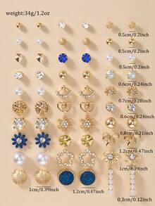 30 对/套雪花、星星、花朵、水钻、蝴蝶结、贝壳、仿珍珠、金属耳钉耳环，时尚可爱，适合日常休闲佩戴，珠宝礼品套装 - 彩色 - 查看 6