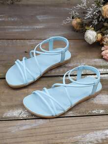 1 Đôi dép xăng đan đi biển màu trơn thanh lịch, dép xăng đan đế bằng bằng da PU phong cách Bohemian cơ bản thời trang dành cho bãi biển, ngày lễ, đám cưới, trường học, tiệc tùng, văn phòng, ngoài trời, mùa hè - Màu xanh nhạt - Xem 4