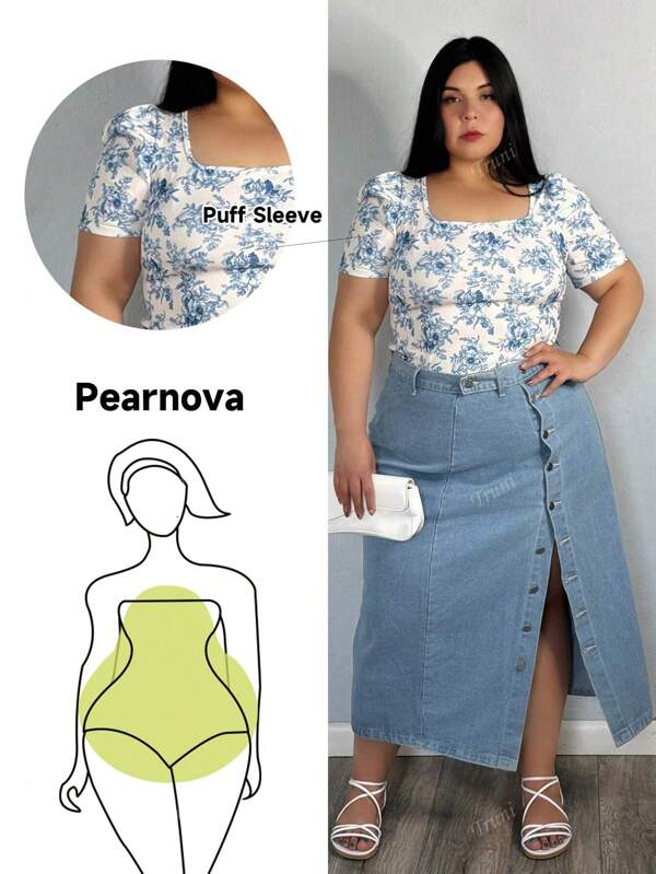 Truni Plus Allover Floral Print Puff Sleeve Tee