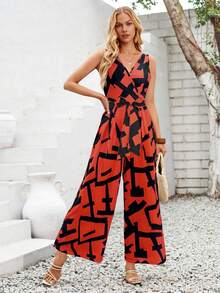 Elegant Mono y Palazzo De Mujer Con Estampado Geométrico, Monos De Chaleco Con Cinturón Moño Al Frente - Naranja - Ver 4