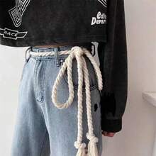 1Pcs Vintage Braided Rope Belt For Men And Women - Y2K Style, Thick White Rope, Black Plaid Pattern, Versatile Jeans Accessory, Hand Washable, Perfect For Casual Wear - 白色 - 查看 1