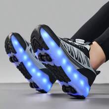 Summer Breathable LED Light-Up Sports Shoes With Detachable 4-Wheel Rollers For Teenagers, Students, Adults, Couples, Fashionable Outdoor Sports Sneakers For Men And Women, Versatile 2-In-1 Design - Black - View 7