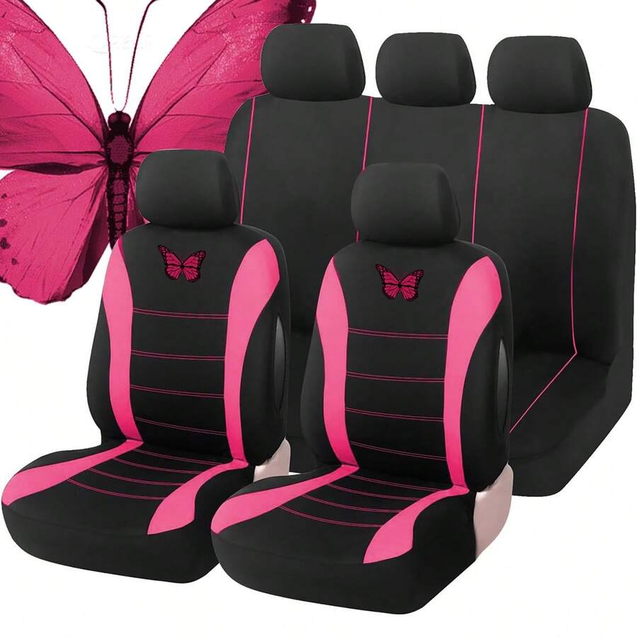 9 Pcs Car Seat Covers, Universal Seat Cushions Compatible With Airbags Accessories. Easy To Remove And Disassemble Easy To Clean. Comfortable And Breathable, Protect The Seat Easy To Become Beautiful. Universal Fit For Most Cars, Trucks, SUVs Or . - 玫紅色 - 查看 1