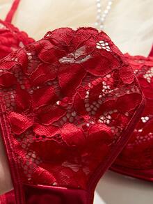 情趣内衣浪漫红：精致蕾丝花型情趣内衣套装，性感优雅红色蕾丝性感文胸配丁字裤，针织性感蕾丝花型情趣内衣套装两件套 - 酒紅色 - 查看 5