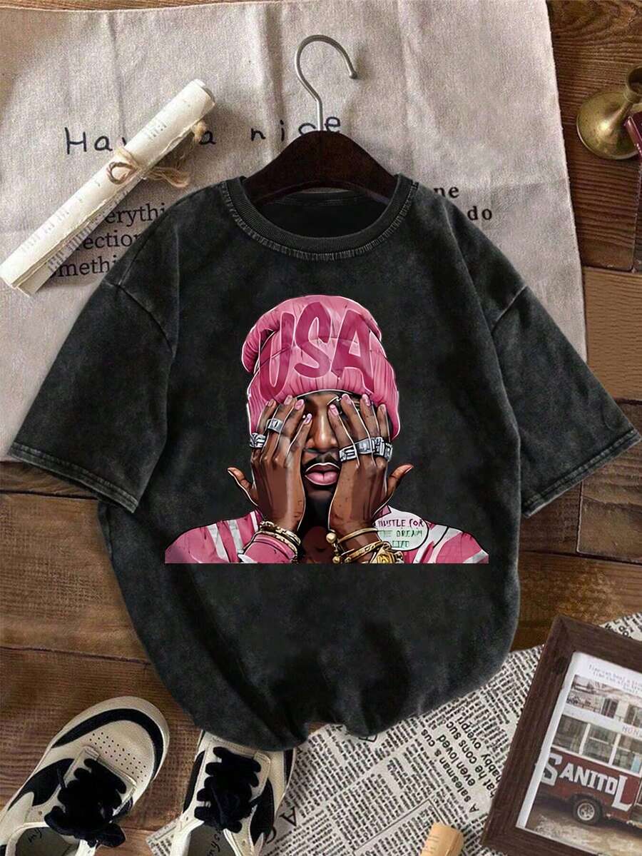 男士水洗宽松印花T恤，春夏季，经典圆领设计，简约百搭，透气吸湿排汗，适合搭配牛仔裤、休闲裤、西装裤、职场、通勤、日常穿着、约会、运动、健身