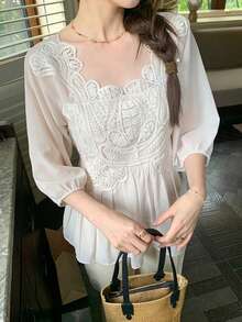 Chiffon French Blouse, Delicate & Graceful Holiday Sweet Doll Shirt, Solid Color - White - View 1