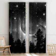 2pcs Starry Night Forest And Moon Pattern Blackout Curtains - Contemporary Peach Light Beige Velvet, 100% Polyester, Bohemian Style, Light Beige, For Living Room, Bedroom, Kitchen, Study, Dining Room (Rod Not Included), Curtains For Living Room