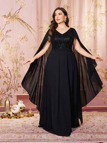 SUPGIR Plus Women's V-Neck Sequin Patchwork Floating Piece Sleeve Slim-Fitting Chiffon Elegant Evening Dress