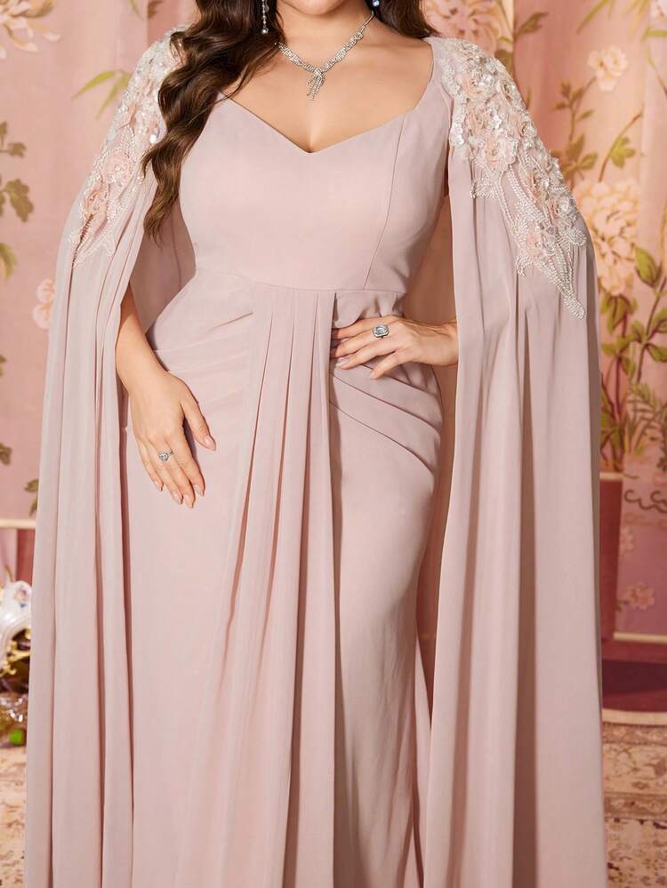 UNITHORSE فستان رسمي للمرأة بياقة قلبية وكاب بونشو، كم مرصّع بترتر، خصر ملتوي وجامع مطرز، من الشيفون بلون أحادي، فستان مثالي للعروسة الثانوية - وردي - مشاهدة 5