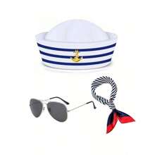 Conjunto de disfraz, conjunto de sombreros, combinación de sombreros, atuendo de cosplay, gorra de marina, gorra blanca, gorra militar retro de tapa plana, gorra de marinero capitán de marina, a rayas azul y blanco, gorra de capitán, gorra de marinero, bufanda, gafas, guantes, conjunto, tapa redonda, atuendo de yate, fiesta, Halloween, Día de San Valentín, regalo, verano, atuendo de fiesta, versátil, atuendo sexy, suministros de fiesta, accesorios de disfraz
