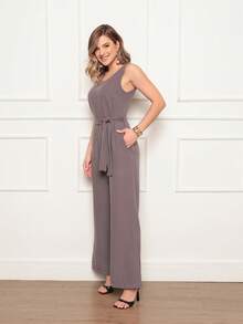 Women's Sleeveless Long Jumpsuit With High Waist Tie Belt And Side Pockets – Elegant And Comfortable - Chỉ huy - Xem 2