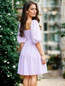 Vestido Corto de Escote Cuadrado con Manga Abullonada Casual para Mujer - Lila Púrpura - Ver 4
