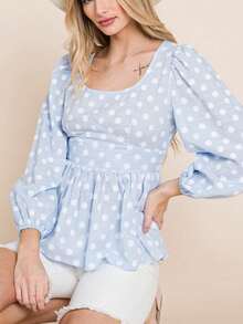 Womens Casual Peplum Blouse Romantic Vintage Inspired Polka Dot Pattern Square Neck Top Baby Blue Lantern Long Sleeve Empire Waist Gathered Ruffle Design Spring Summer Babydoll Shirt Sweet Elegant Daily Wear - 淺藍色 - 查看 2