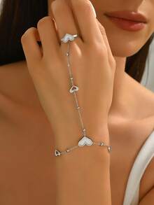 1pc Fashionable White Shell Heart Shaped Stainless Steel Connected Finger Bracelet For Women, High-End Luxury Versatile Celebration Holiday Sexy Ring Bracelet Jewelry - Yellow Gold - View 4