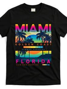 Camiseta de mujer de Miami Florida, colorido amanecer de Miami [diseño genial], estilo de moda callejera, cómoda de algodón, cuello redondo, pantalones cortos, diseño y mangas del mismo género, camisetas de hombre - Negro - Ver 2
